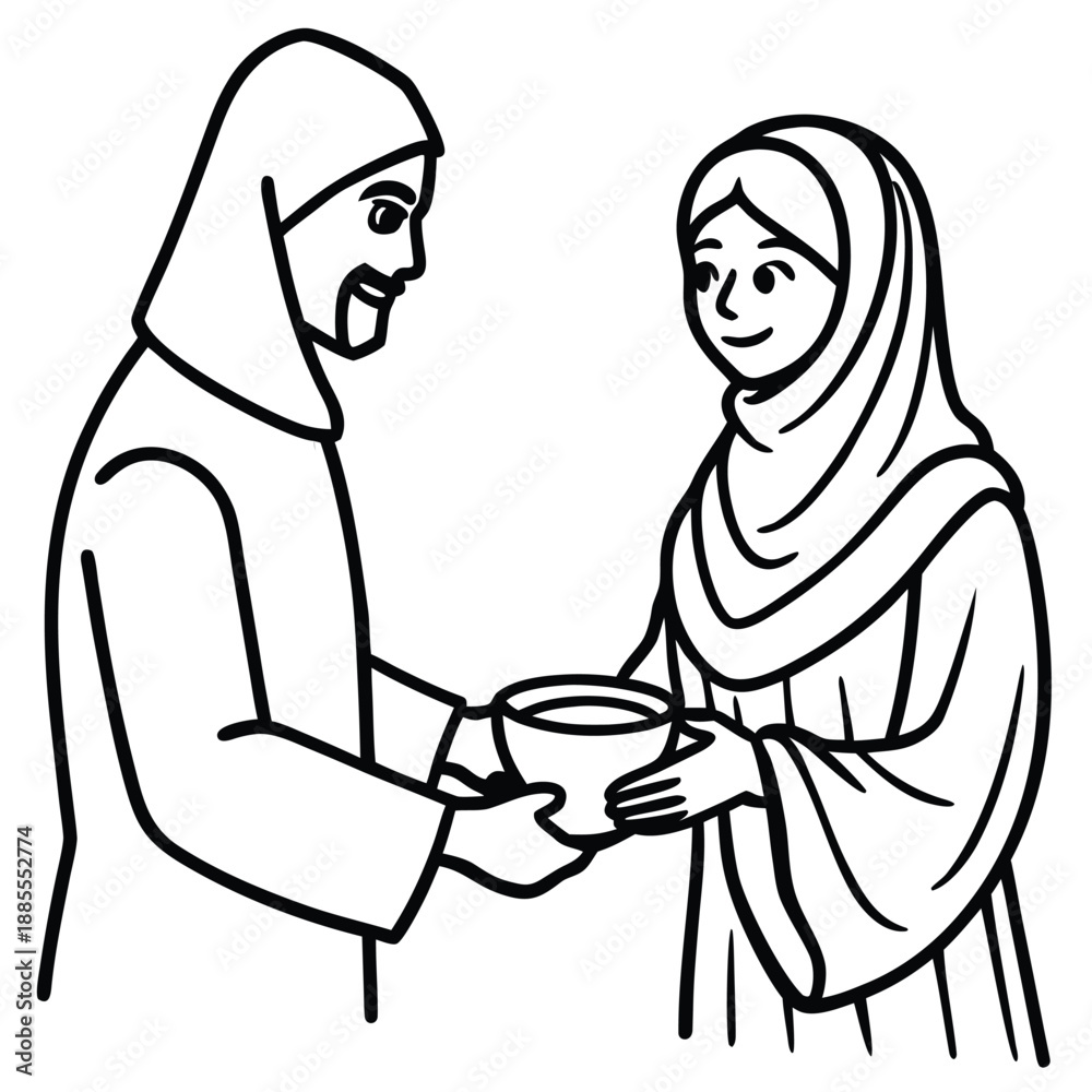 Fototapeta premium Muslim man and woman sharing a bowl of food for zakat or charity line art