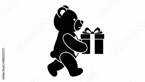 Silhouette of a teddy bear carrying a gift box.