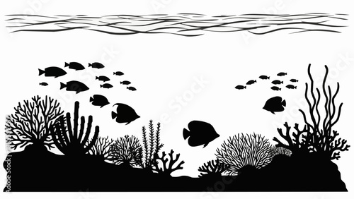 Silhouette of a vibrant coral reef ecosystem with diverse marine life.