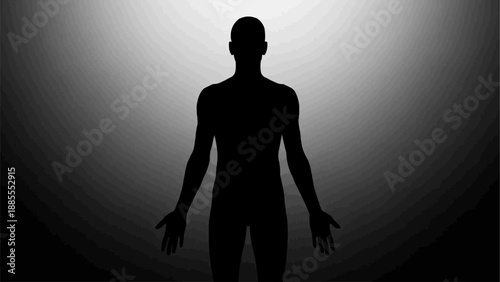 Silhouette of a person standing with arms outstretched against a light background.