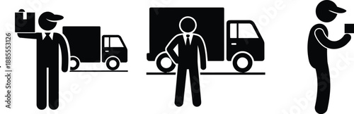Stick figure icons illustrate logistics and delivery processes, including courier, management, and tracking.