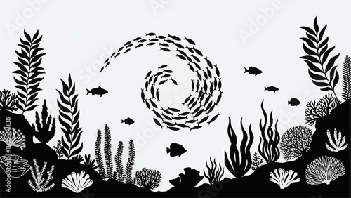 Silhouette of a school of fish swimming in a spiral pattern underwater.