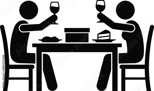 A couple enjoying a romantic dinner and making a toast with wine glasses in a simple icon