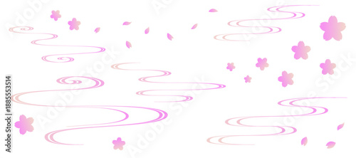 桜色の流水紋と桜のフレームイラスト　和風　波紋　吉祥文様
