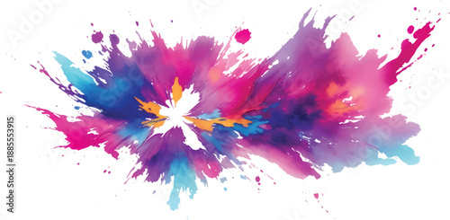 Colorful artistic watercolor ink splashes, paint splatters, and blot designs on a white paper texture background