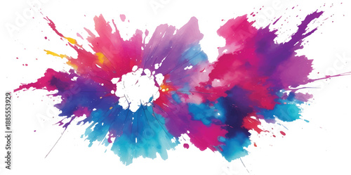 Colorful artistic watercolor ink splashes, paint splatters, and blot designs on a white paper texture background