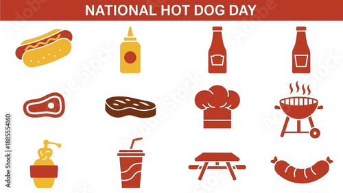 A graphic banner celebrating National Hot Dog Day with 12 food and barbecue icons