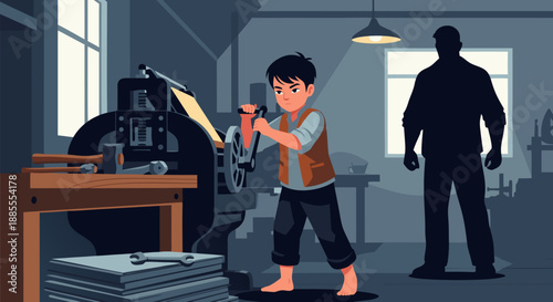 Vintage Industrial Illustration of a Young Boy Operating a Printing Press, Vector Art
