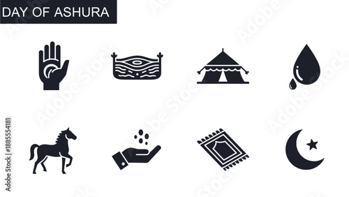 Black icons related to the Day of Ashura hand casket tent teardrop horse seeds carpet crescent