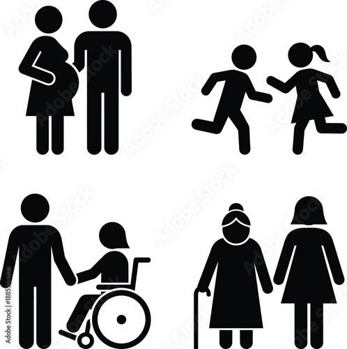 Stick figure icons depicting diverse family dynamics across different life stages and situations