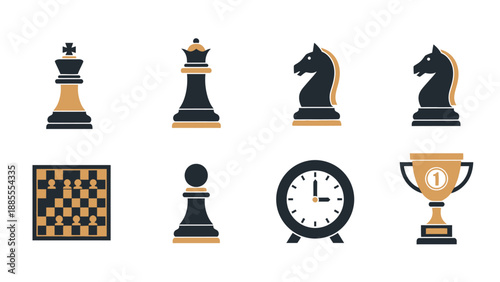 Eight dark blue and tan chessrelated icons arranged in two rows