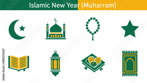 Eight green and yellow icons related to Islam arranged in two rows