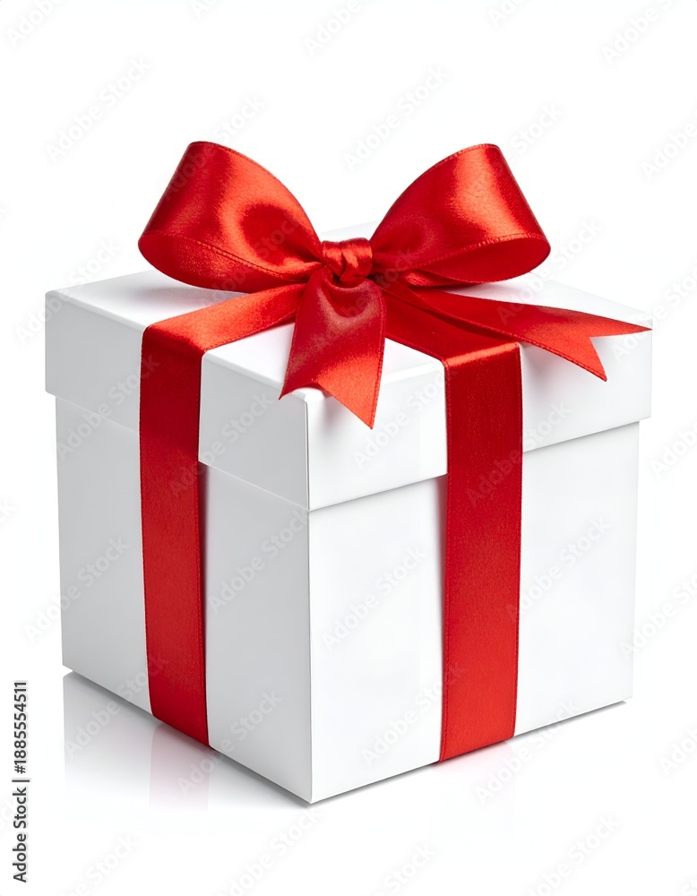 Obraz premium A beautifully wrapped gift box in white with a vibrant red ribbon and bow on top, perfect for celebrations