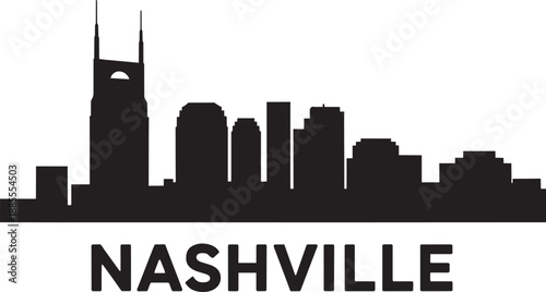 Nashville skyline black silhouette vector graphic showing famous buildings and city landmark