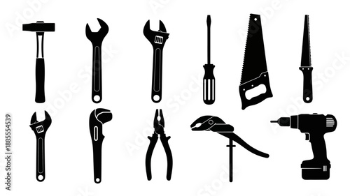 black silhouettes of various hand tools on white background