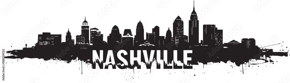 Fototapeta premium Nashville skyline vector silhouette illustration with grunge paint splash texture background