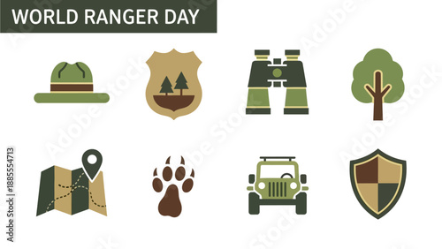 Graphic icons related to World Ranger Day including hat badge binoculars tree map paw print jeep and shield