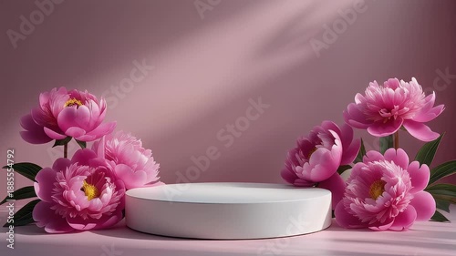 Wallpaper Mural A pink floral composition features vibrant peonies framing a white cylinder, casting shadows on the background. A platform sits among petals Torontodigital.ca