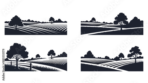 Rolling hills and farmland presented in a black and white woodcut style