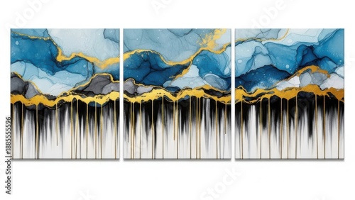 Abstract artwork featuring blue and gold patterns