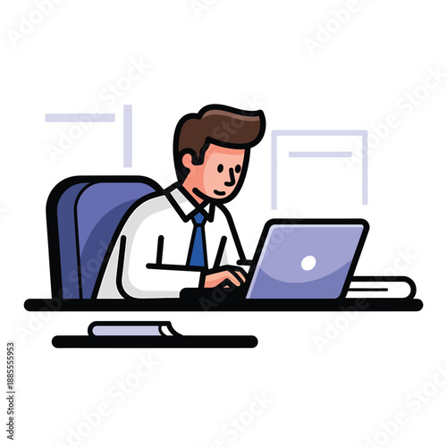 A man in a white shirt works on a laptop