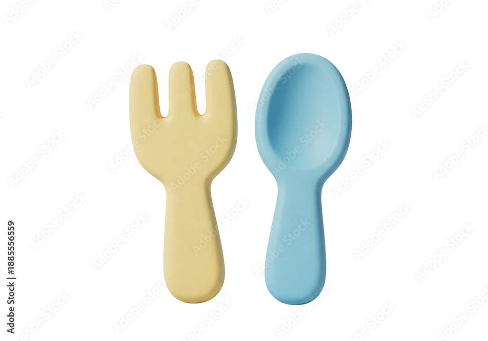 Fototapeta premium Yellow Fork and Blue Spoon Isolated on White Background