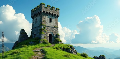 Ancient, moss-covered tower with wispy clouds, fog, mystic
