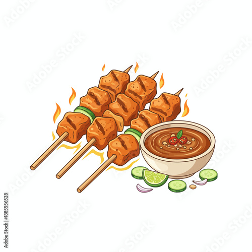 Illustration of three skewers of grilled meat with peanut sauce and garnishes