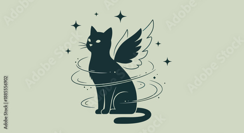 Black cat with wings and stars illustration