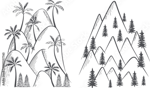 Black and of tropical and snowy mountain landscapes with palm and pine trees mountains