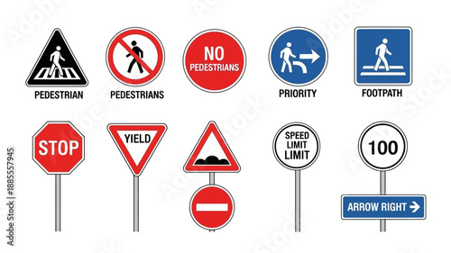 Collection of various road and traffic signs including warnings and regulations