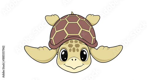 Cute Cartoon Sea Turtle Head with Brown Shell and Green Body Smiling with Big Eyes Isolated on White Background.