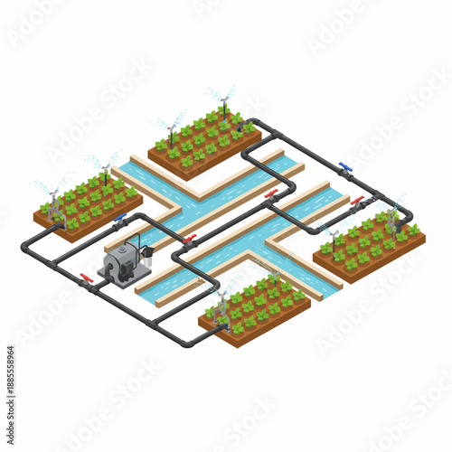 Isometric illustration of a modern farm irrigation system with crops and canals