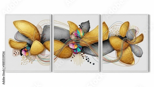 Golden floral triptych artwork with vibrant colors