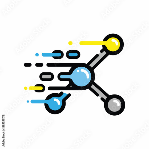 A stylized molecule graphic with colorful atoms and bonds