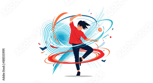 Dynamic vector illustration of a young person dancing with energy, surrounded by abstract blue and orange swirls and graphic elements.