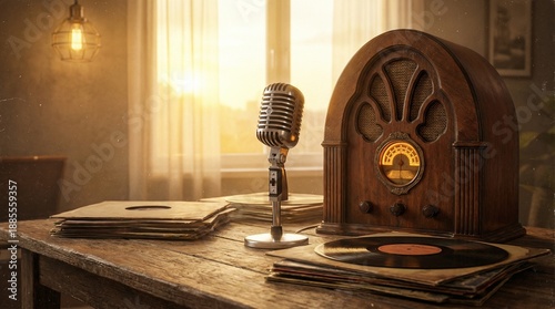 Micrófono vintage y radio de madera antigua sobre una mesa con discos de vinilo, fondo de resplandor dorado y ondas de luz. Escena cálida y nostálgica para el Día de la Radio.