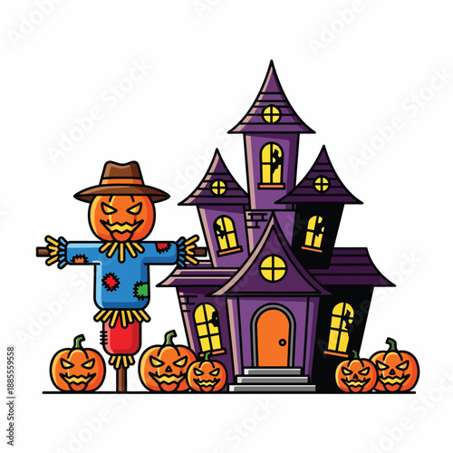A scarecrow stands before a haunted house with jack-o-lanterns