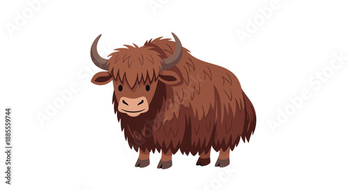 Adorable cartoon illustration of a fluffy and friendly brown yak with long hair and curved horns, isolated on a white background.