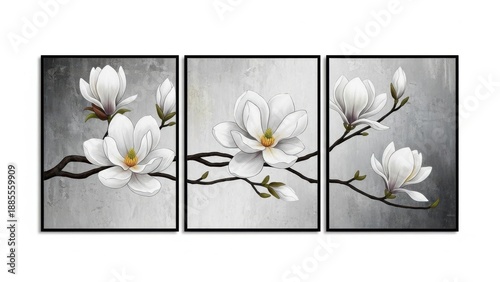 Beautiful white magnolia flowers triptych artwork