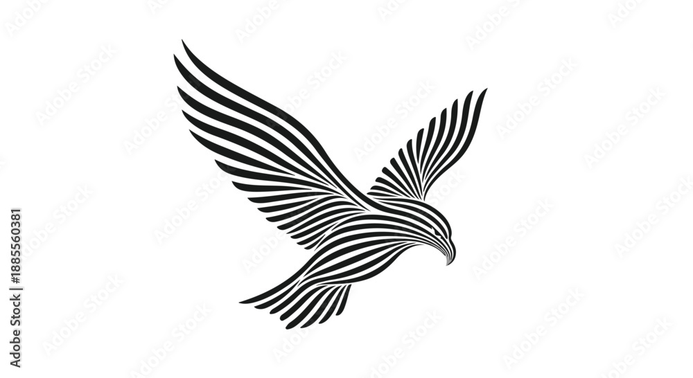 Fototapeta premium Black and white illustration of an eagle in flight with striped pattern on wings and body against a plain white background.