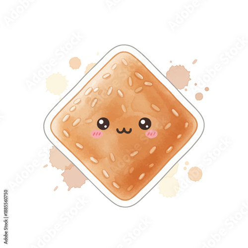 Kawaii square sesame mochi with watercolor splatters