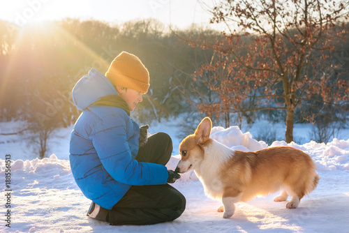 Obraz na plátně child playing with a corgi dog outdoors during winter in a snowy park