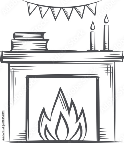 Minimalist black and of fireplace with candles and books flames mantel