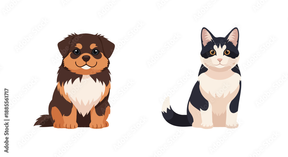 Fototapeta premium Illustration of a brown dog and black and white cat sitting side by side on a plain white background.