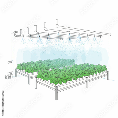 Overhead misting system irrigating lush green plants on raised beds