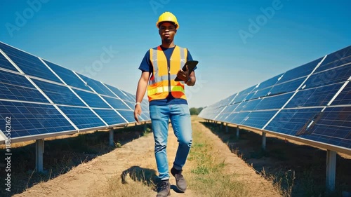 Solar engineer inspecting panels at renewable energy farm site