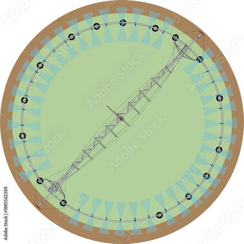 Overhead view of a circular centerpivot irrigation system in operation over a field