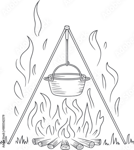 Minimalist of a pot hanging over a campfire with flames