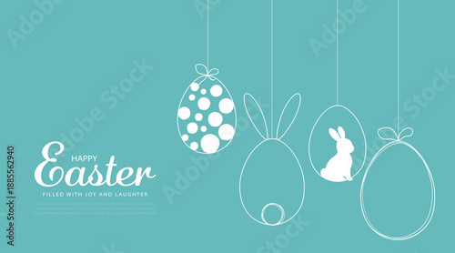 Happy Easter card with easter eggs garland and rabbit. Simple vector decoration design.